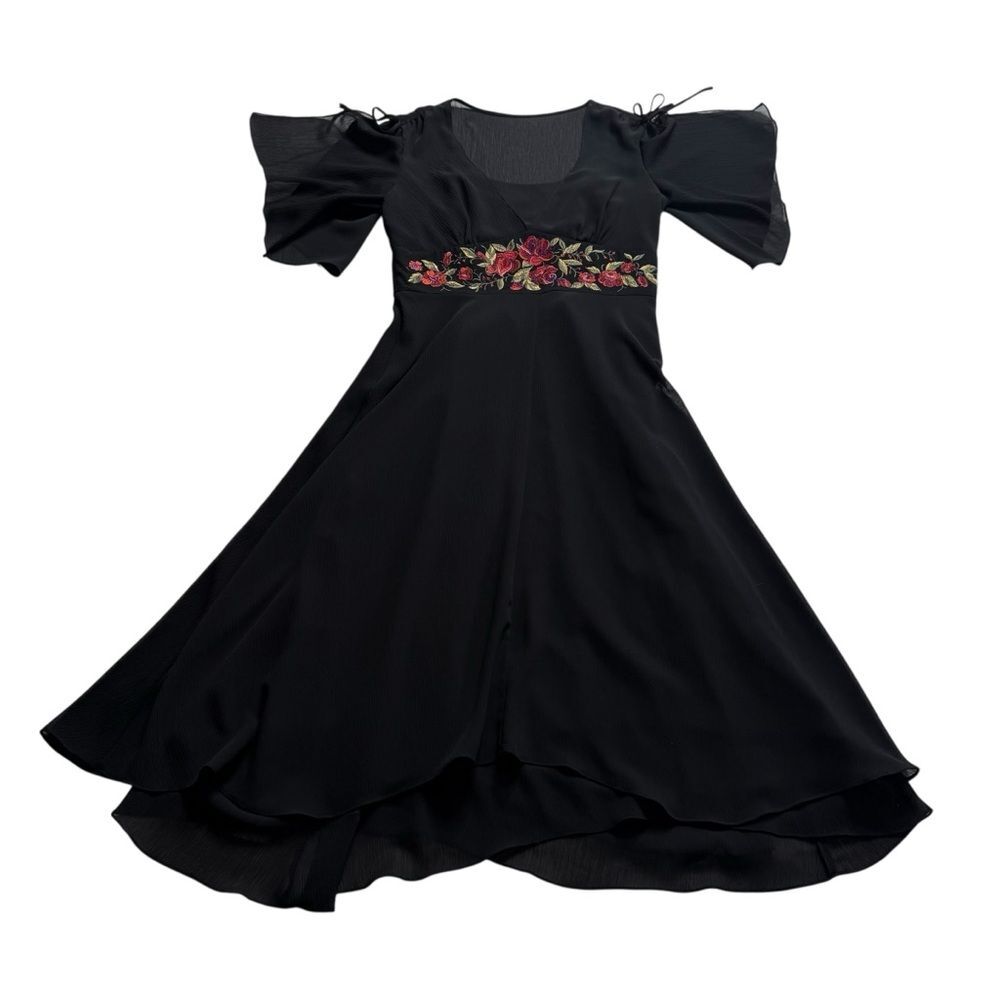 Vintage Plaza South Floral Embroidered Black Midi Dress Sheer Split Sleeves 10